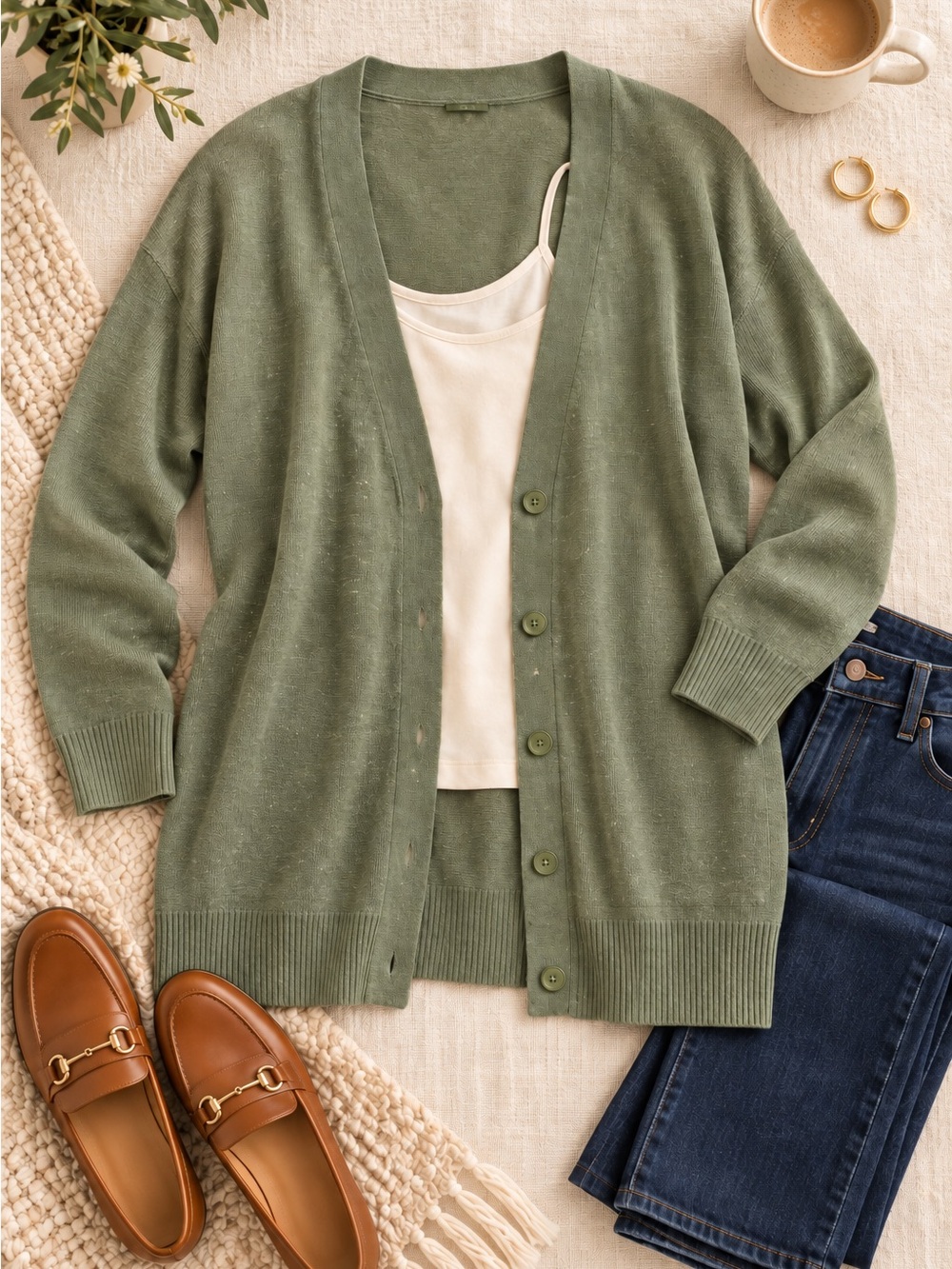 Talbots 100% Linen Sage Green Oversized Button Cardigan Sweater L